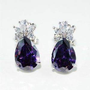 Purple CZ-Amethyst Pear 12K White Stud Earrings